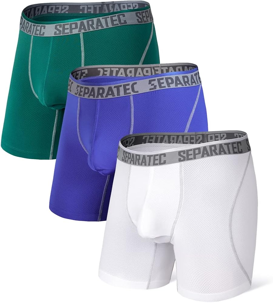 Separatec Men's Dual Pouch Underwear Active Mesh Cool Performance Long Boxer Briefs 3 Pack(M,Blue/Emerald/White)