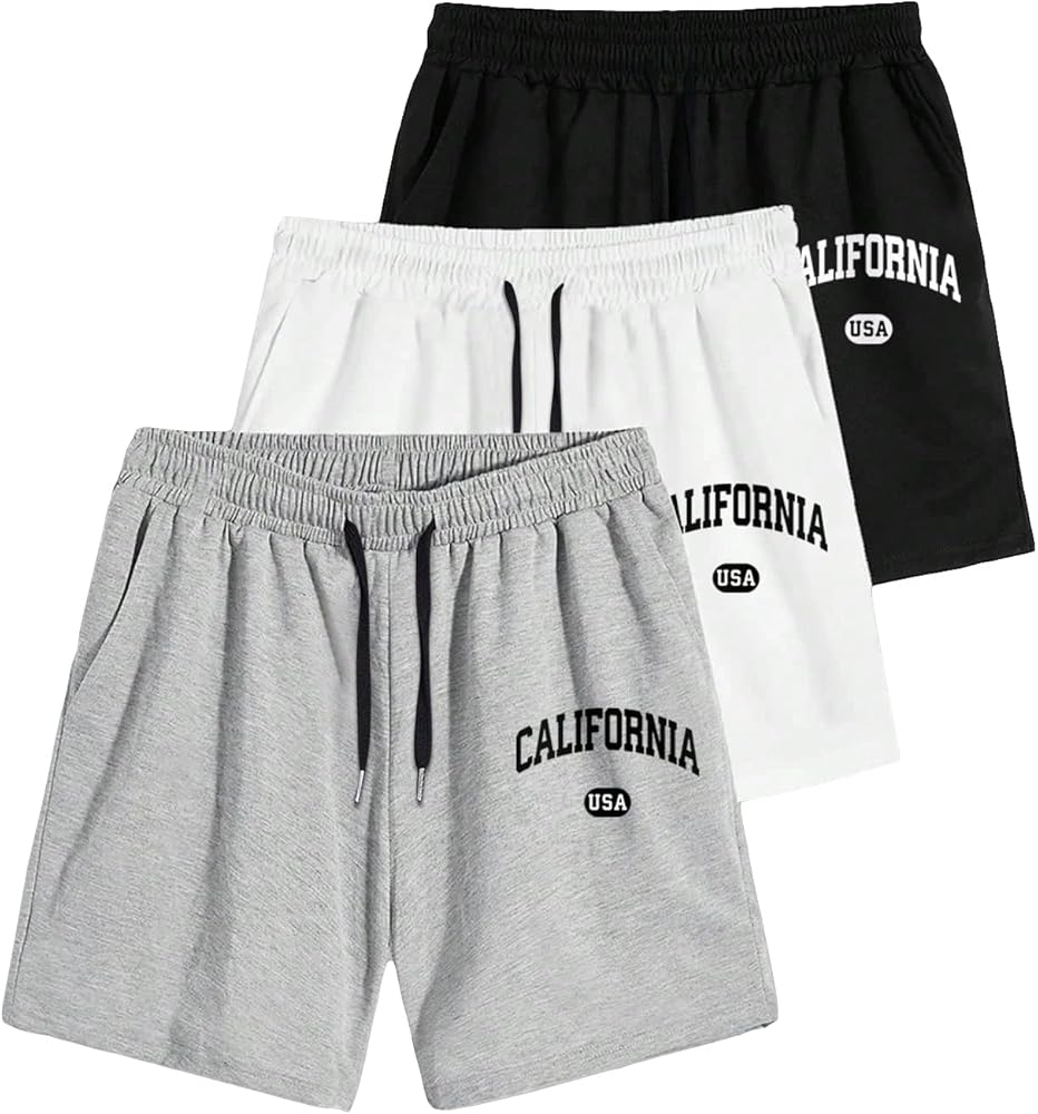 Floerns Men's 3 Pcs Drawstring Waist Patched Letter Active Track Shorts