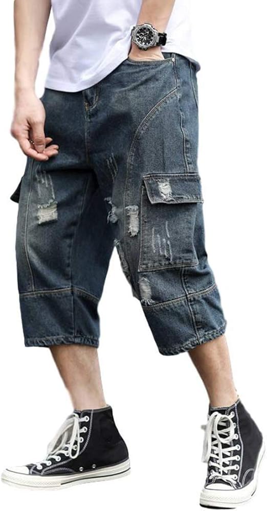 Men's Loose-Fit Ripped Distressed Hip Hop Capri Jeans Baggy Denim Cargo Shorts