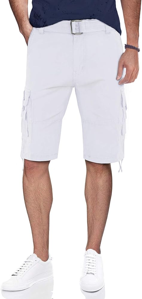 RAW X Mens Belted Cargo Shorts Relaxed Fit Casual Tactical Knee Length Cargo Shorts for Men, Twill Piping - White, Size 34