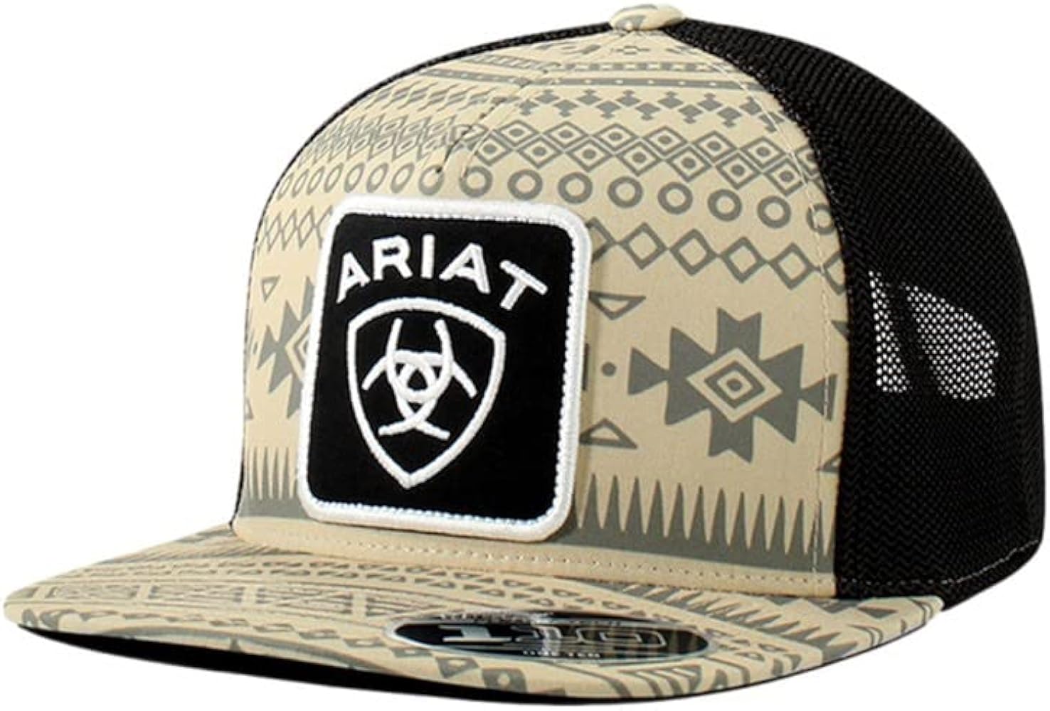 ARIAT Men's Flexfit 110 Cap,Tan with Aztec Pattern, Black & White Logo Patch, Black Mesh Back, Snapback