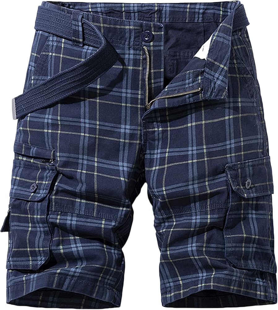 Casual Cargo Plaid Shorts for Men Print Twill Cotton Tactical Work Shorts Stretch Comfor t Summer Outdoor Shorts (Navy Blue,32)