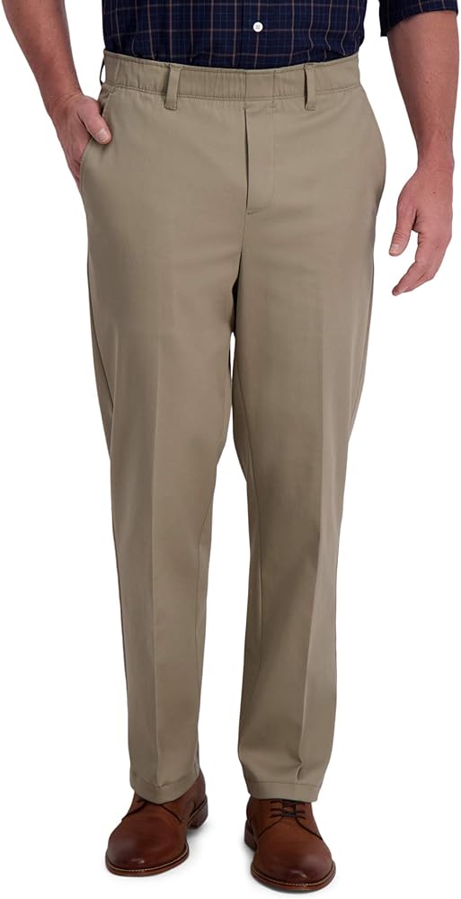 HAGGAR Men's Iron Free Premium Classic Fit Flat Front Expandable Waist Casual Pant Regular and Big & Tall Sizes, Medium Khaki, 32W x 30L