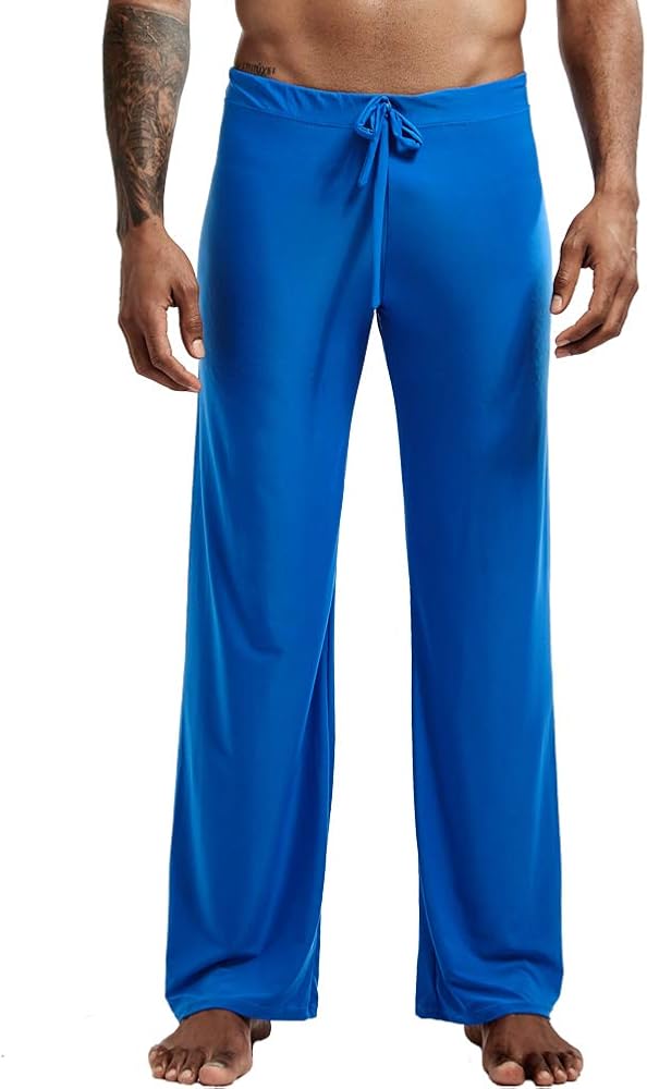 Men Soft Ice Silk Long Yoga Pants Sexy Low Rise Elastic Drawstring Sleep Bottoms