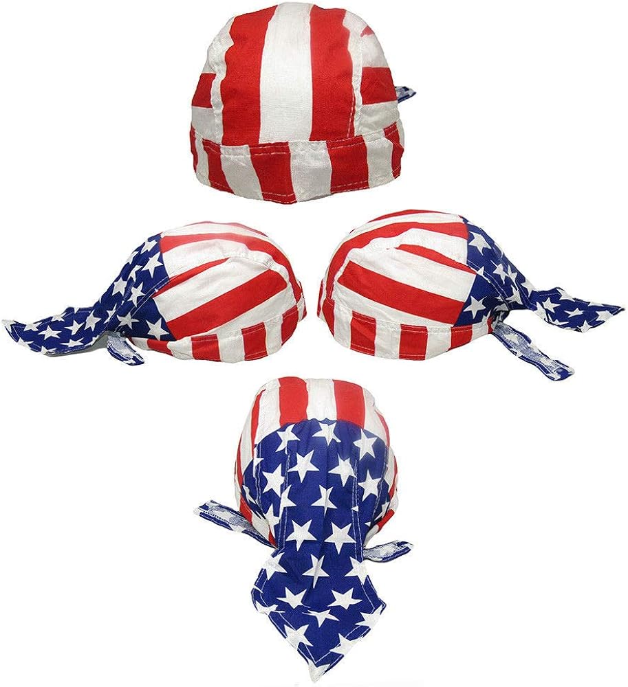 MWS USA US Stars & Stripes Printed Red/White/Blue Do Rag Doo Rag Skull Cap Head Wrap Beautiful Vibrant Colors with Adjustable Strap Unisex