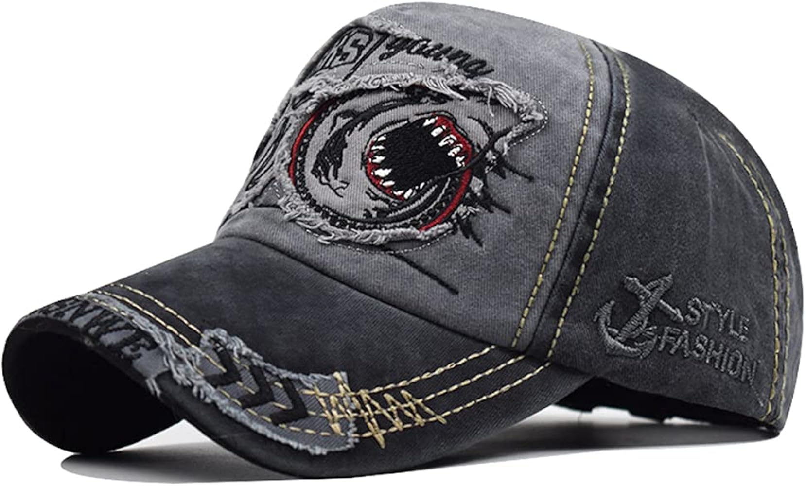 Men Women Shark Distressed Vintage Baseball Cap Fishing Hat Trucker Snapback Bill Brim Sun Cap Dark Gray