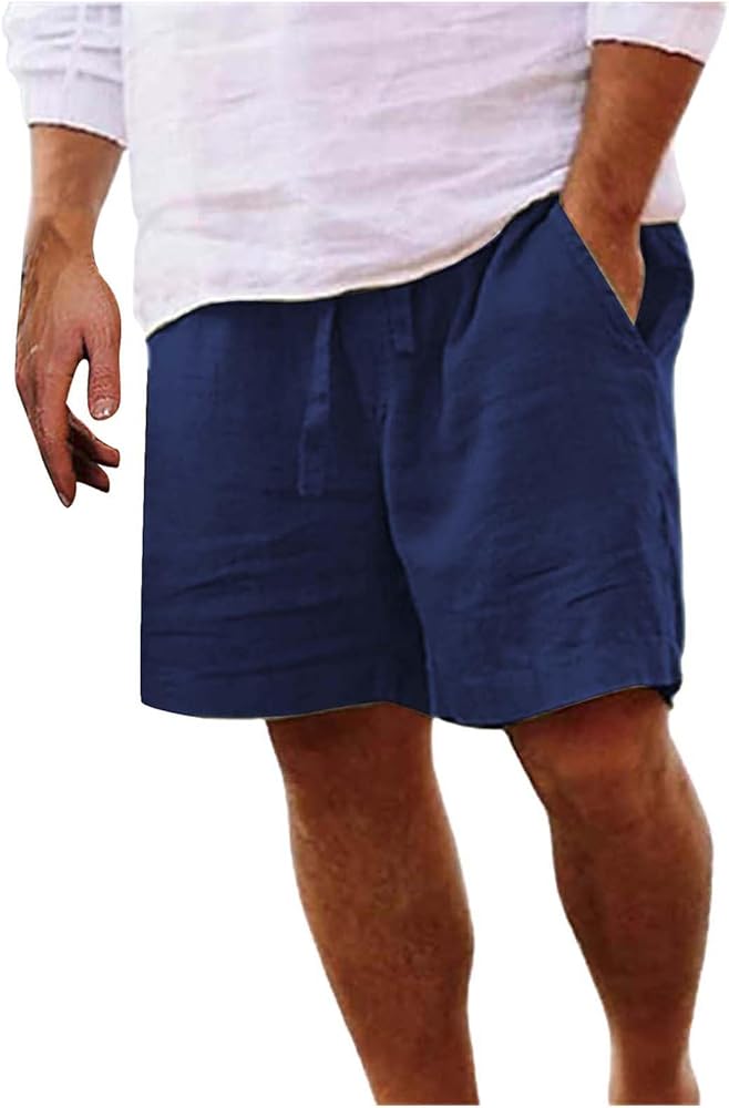 Mens Shorts Summer Casual Cotton Linen Bermuda Shorts Wide Leg Drawstring Elastic Waist Beach Shorts with Pockets