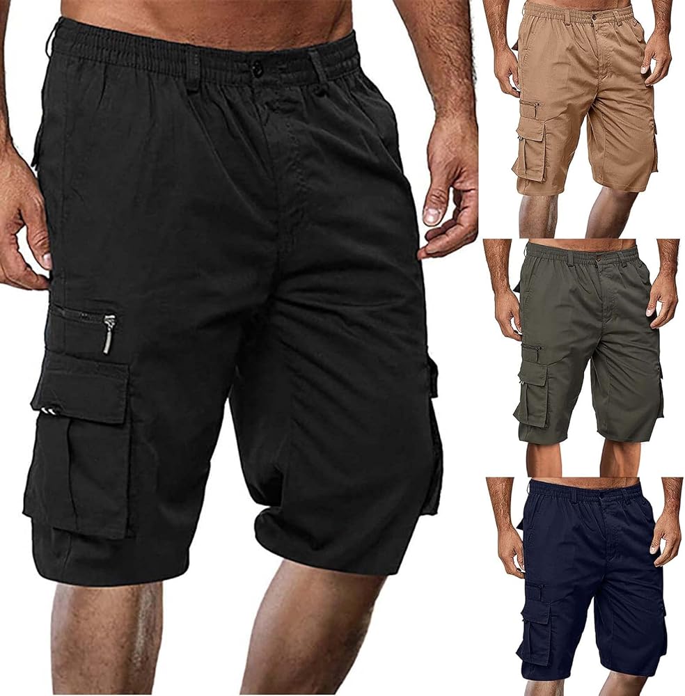 Men's Cargo Short Elastic Waist Relaxed Fit Outdoor below Knee 3/4 Capri Long Shorts with Multi Pocket