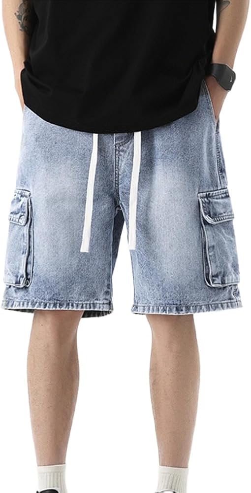 Baggy Jean Shorts Men Elastic Waist Cargo Jeans Shorts Drawstring Casual Loose Fit Streetwear Denim Shorts