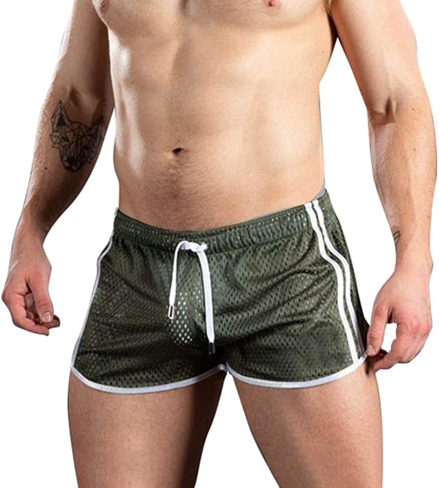 WENKOMG1 Mens Mesh Gay Shorts,See Through Side Stripes Lightweight Quick Dry Casual 3 Inch Booty Bottom Short,Summer Vacation Holiday Beachwear Casual Low Rise Swim Brief(Green,XL)