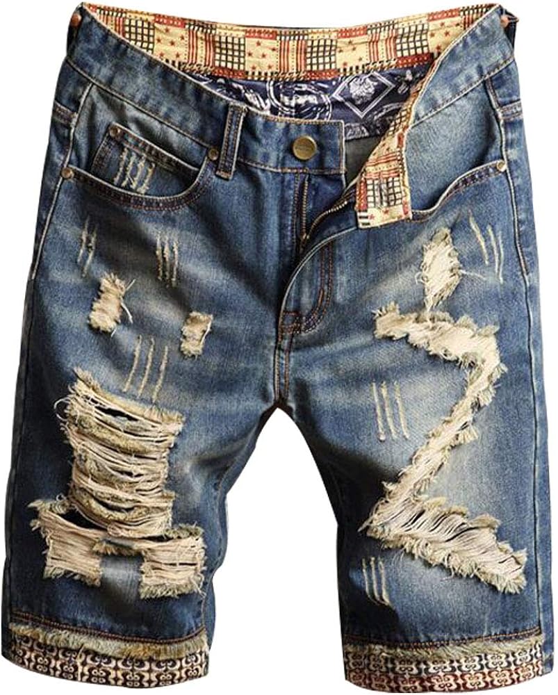 HZCX FASHION Men's Vintage Slim Fit Distressed Denim Shorts Cut-Off Jean Short