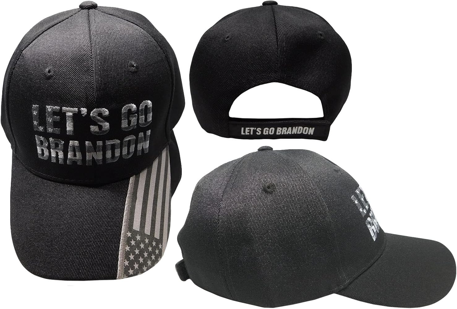 Let's Go Brandon Light & Dark Grey Lettering & USA Flag On Bill Black Acrylic Adjustable Embroidered Baseball Hat Cap