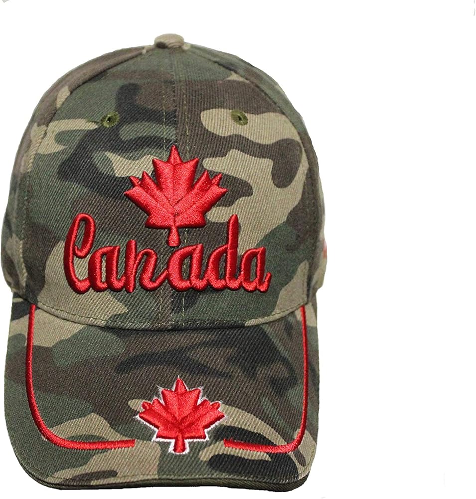 Canada Country Flag, 2 Red Maple Leaves Forest Camouflage Embossed HAT Cap