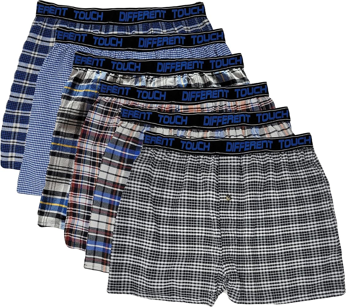 Different Touch Men's Exposed Waistband Woven Plaid Boxer Shorts Underwear (6 Pack)