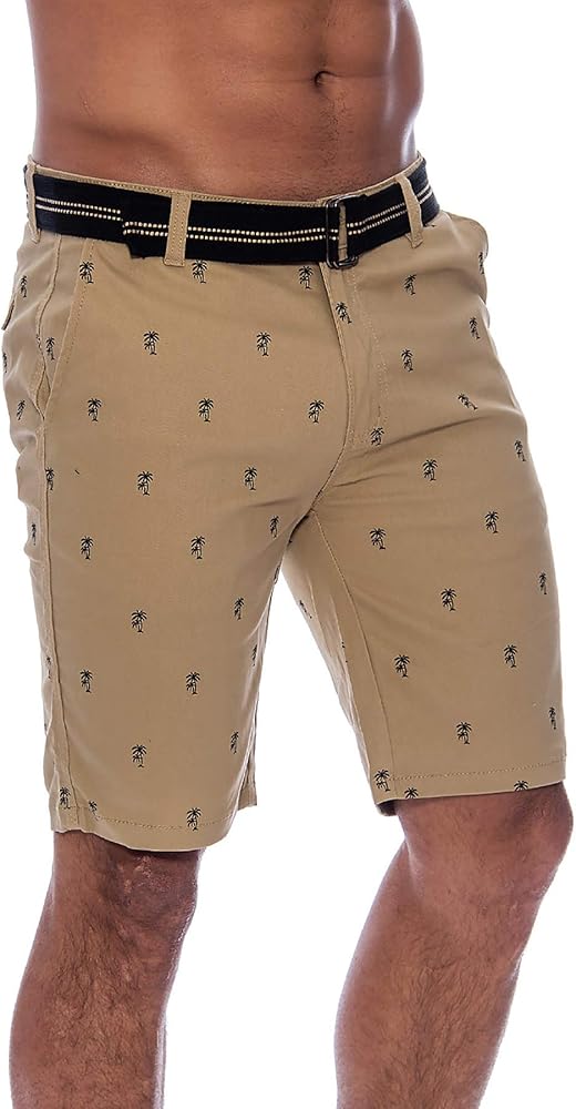 Men's Flat Front Flamingo Palm Stretch Belted Casual Shorts