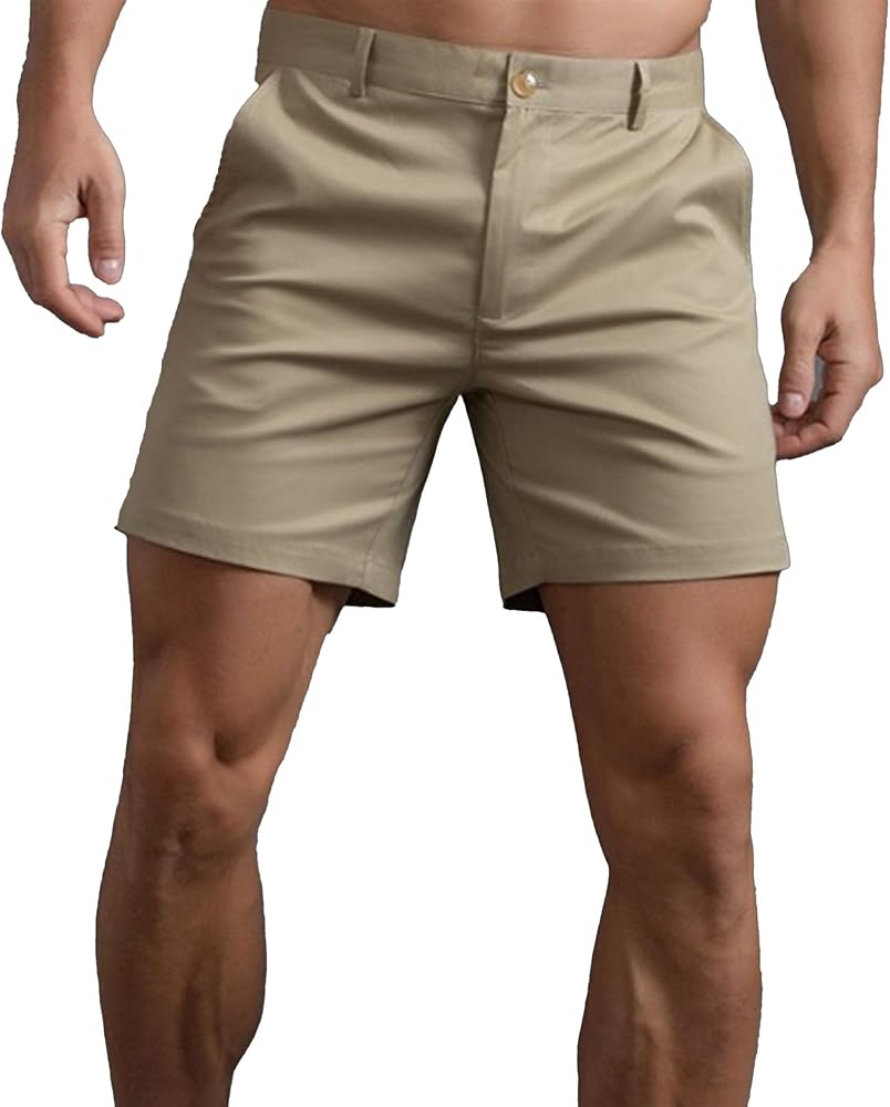 Men's Solid Color Mid Waist Straight Shorts Slim-Fit Flat Front Stretch Shorts Summer Casual Golf Shorts