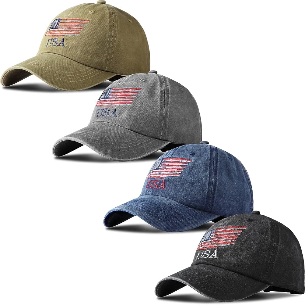 Geyoga 4 Pieces USA Flag Hat American Flag Baseball Cap USA Tactical Hat Washed Distressed Hats for Men Women Teens Multicoloured