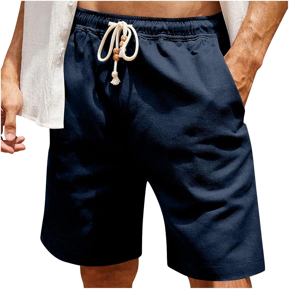 Mens Linen Shorts Casual Summer Stretch Waist Drawstring Lounge Shorts Loose Fit Lightweight Beach Shorts with Pocket