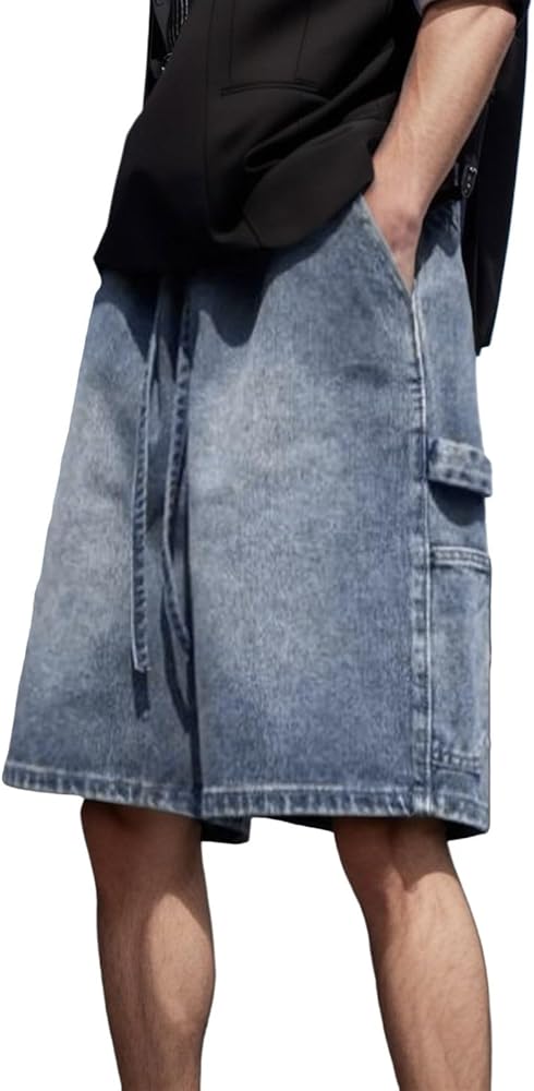 Men's Loose Hip Hop Cropped Jeans Work Denim Shorts Drawstring Casual Baggy Y2K Streetwear Pants with Cargo Pockets