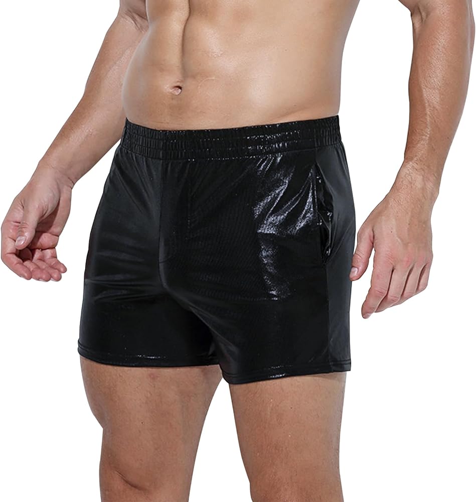 Mens Metallic Shorts Sexy Boxers Party Nightclub Rave Shorts with Pocket