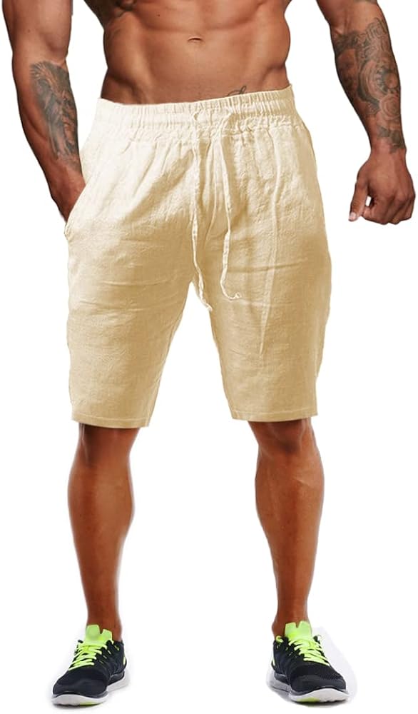 Men's Linen Shorts Cotton Casual Lightweight Workout Gym Yoga Shorts for Men