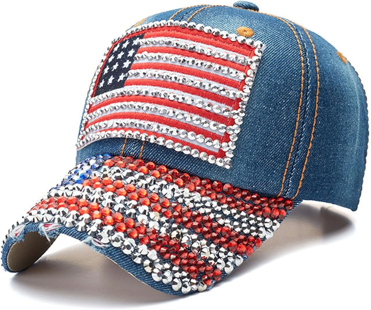 American Flag Hat, Patriotic USA Bling Hat, Sparkling Rhinestone Denim Baseball Cap, Gift for Independence Day