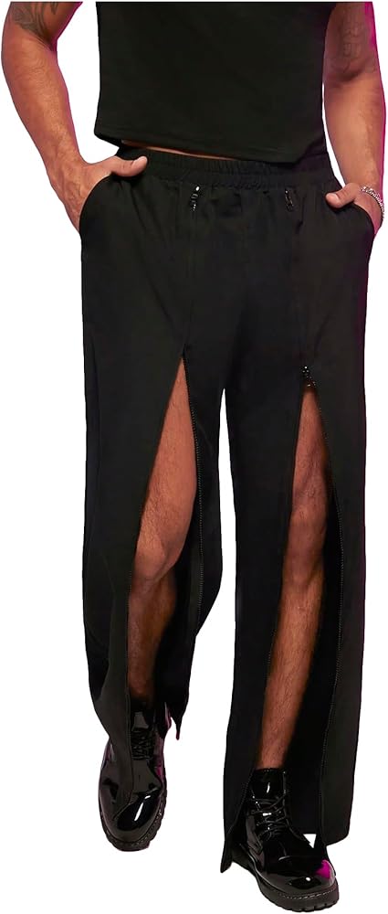 Verdusa Men's Split Thigh Elastic Waist Pants Long Trousers with Pocket