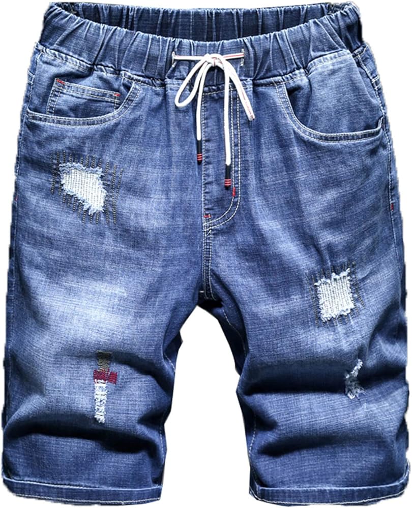 Plus Size Men's Ripped Loose Denim Shorts Summer Black Blue Drawstring Short Jeans Male