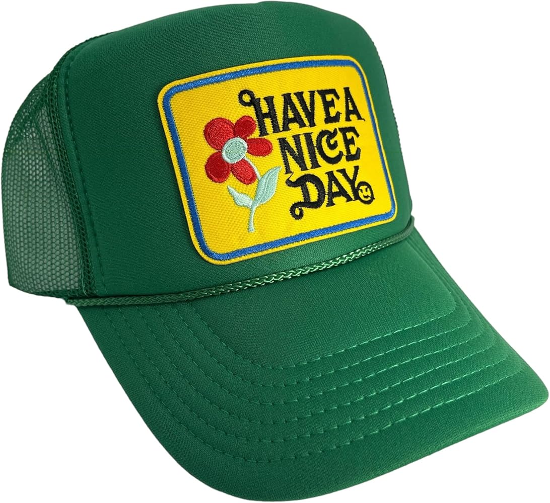 Hippie 70's Have a Nice Day Flower Power Kelly Green Trucker Hat Mesh Back Adult Size High Crown