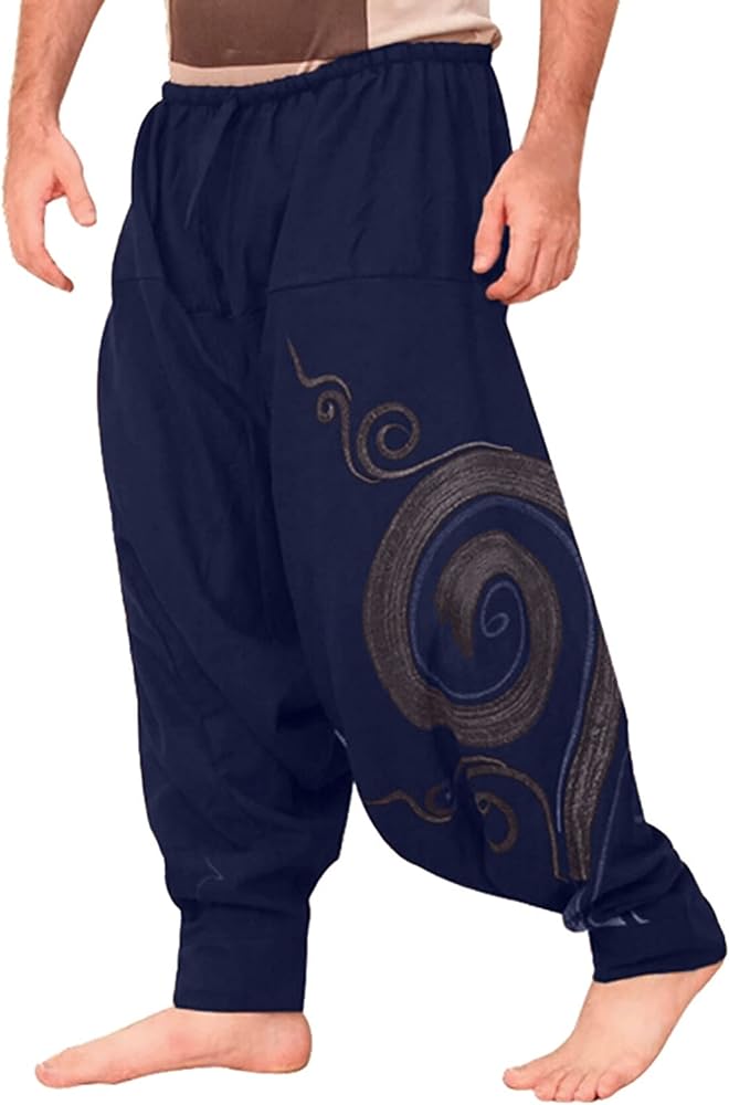 Cotton Linen Pants for Men,Aladdin India Asian Middle East Style Baggy Hippie Loose Fit Low Crotch Harems,Lounge Solid Hip Hop Joggers Classic Basic Wide Leg Trousers(Blue,L)