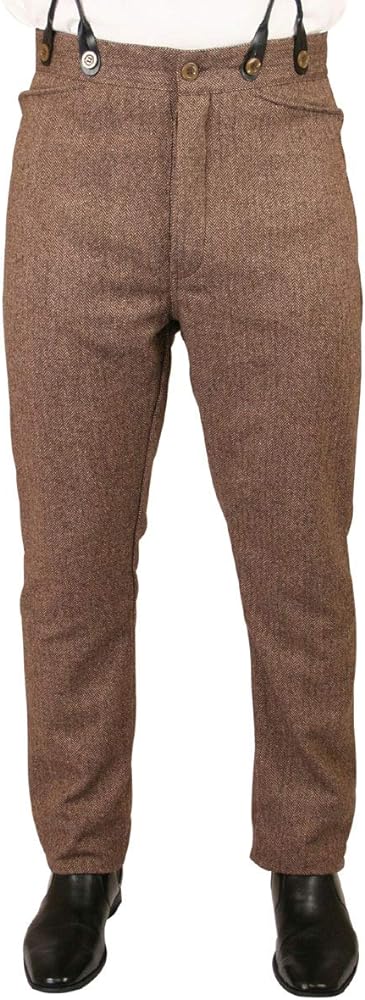 Historical Emporium Men's Herringbone Tweed Dress Trousers, Victorian Western Work Pants with Suspender Buttons