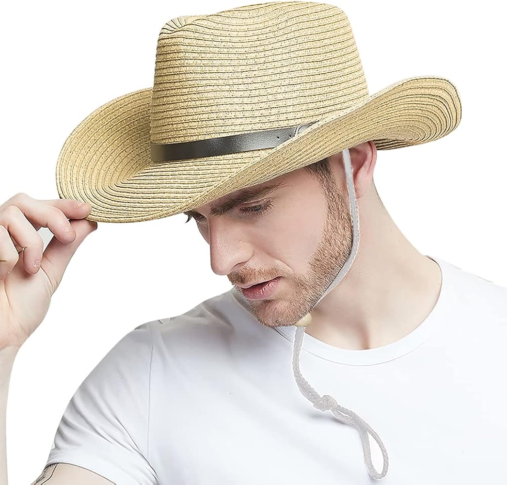 Cowboy Straw Sun Hat for Men UPF 50+ Summer Beach UV Panama Fedora Cowgirl Western Shapeable Brim Outdoor Cap with Belt