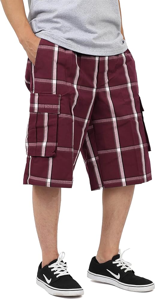 Shaka Mens Plaid Shorts Checkered Cargo Cotton Loose Fit Pocket S-5XL Solid