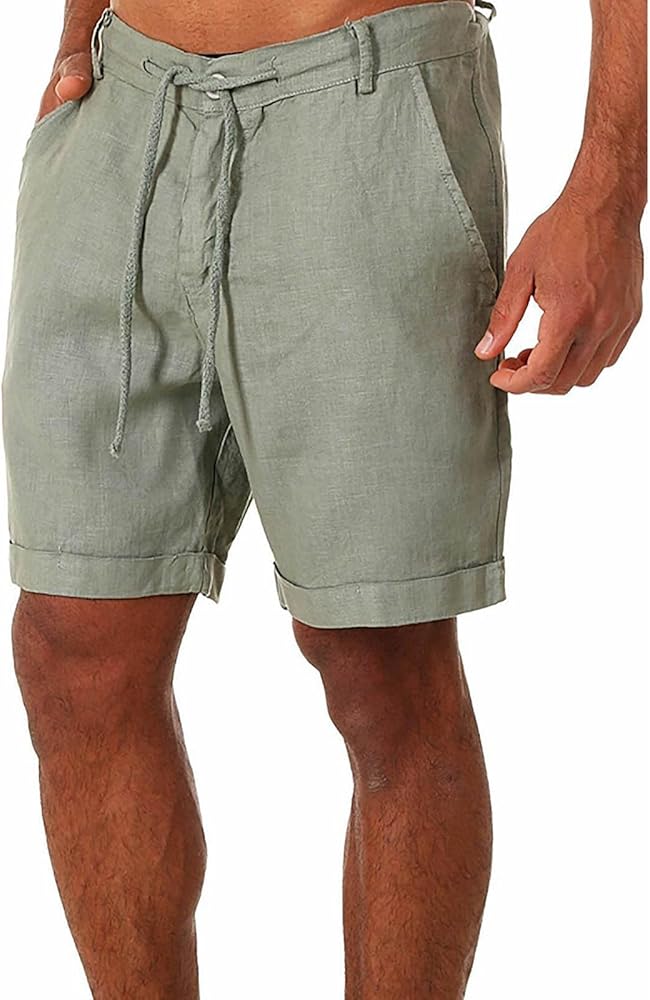 Mens Cotton Linen Shorts Drawstring Folded Hem Bermuda Shorts Baggy Comfy Breathable Summer Beach Shorts with Pockets