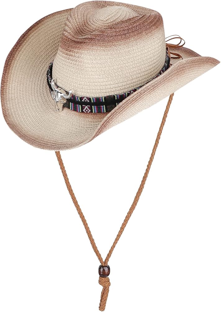 Shapeable Straw Cowboy Hat Wide Brim Western Cowgirl Cap Packable UPF 50+ Beach Sun Hat for Men Women