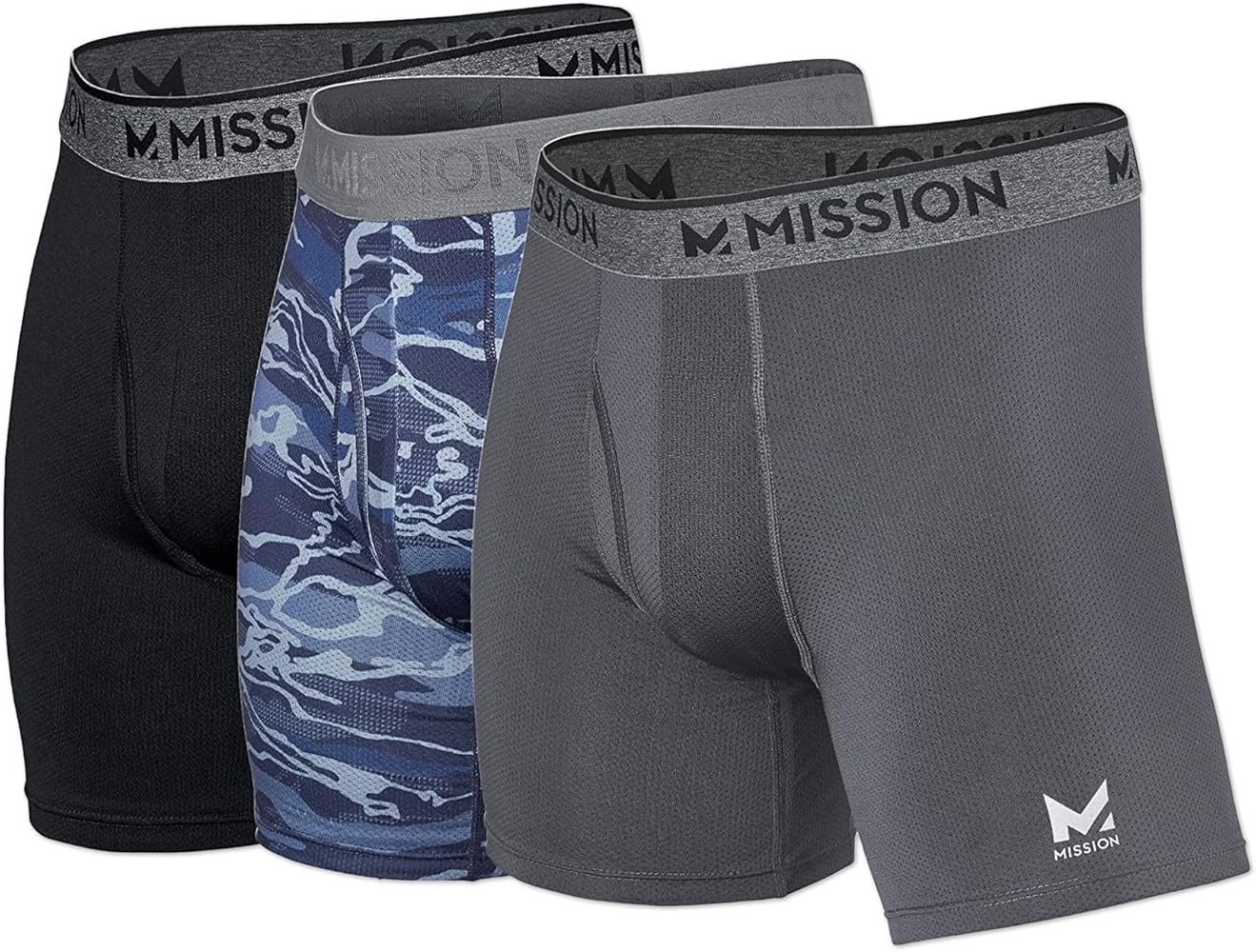 MISSION 6" Performance Mesh Boxer Briefs, Medium - 3 Pack, Black, Matrix Camo, Gray - Anti-Roll Waistband - Soft, Moisture-Wicking Fabric