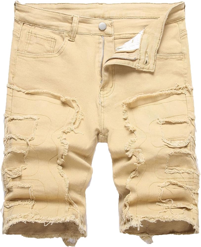 Mens Casual Jeans Shorts Solid Ripped Stretch Short Trousers Zipper Button Shorts with Pocket Classic Casual Shorts