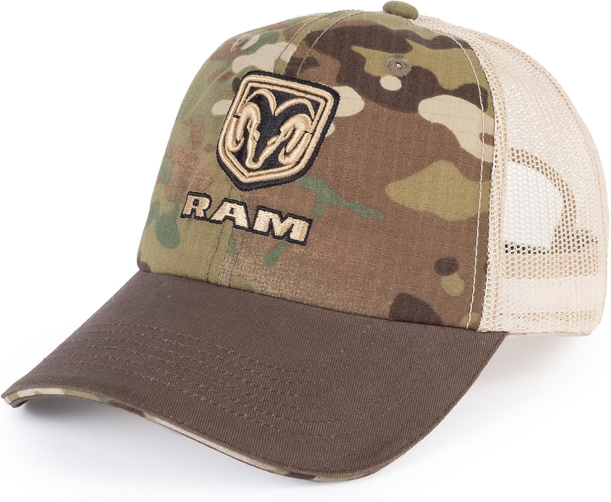 RAM Trucks Logo Shield Camo Trucker Hat, Structured, 6-Panel Cap, One Size