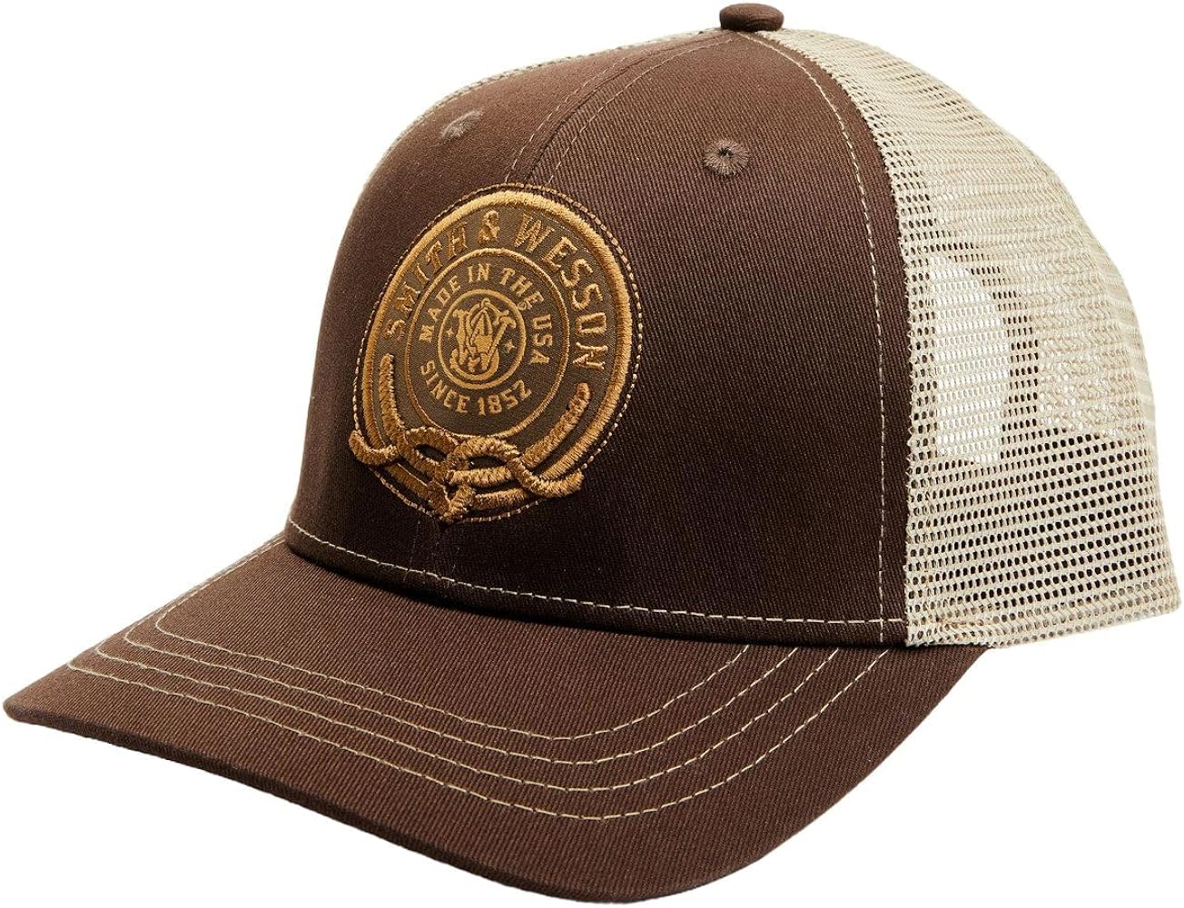 Smith & Wesson Officially Licensed Men's Two-Tone Trucker Hat: Vintage Made in The Use Design with Rope Patch, Baseball Cap with Adjustable Snapback Closure Brown