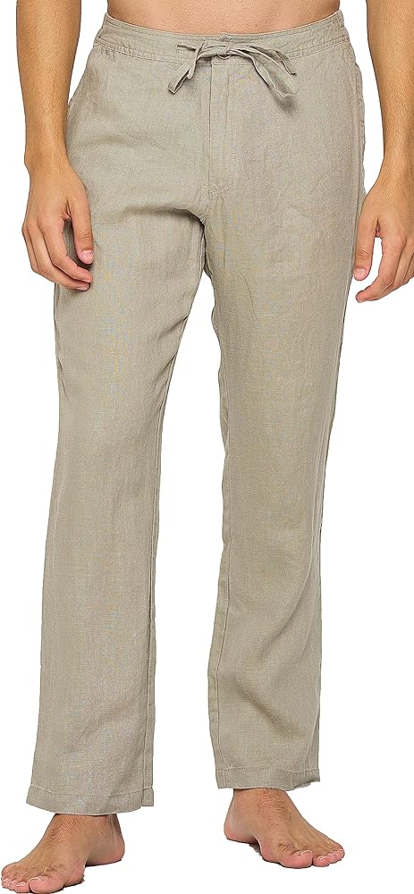 Men's Casual 100% Linen Pants with Drawstring and Elastic Waist