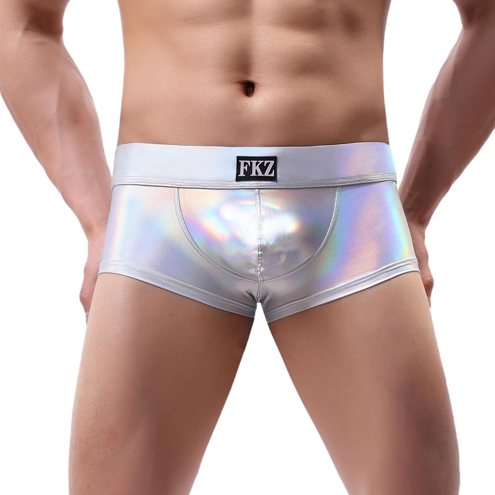 ABAFIP Men's Holographic Shiny Metallic Boxer Briefs Low Rise Wide Waistband Athletic Rave Bikini Undershorts