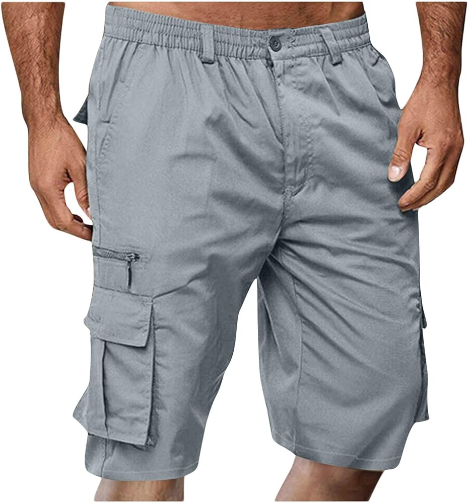 Cargo Shorts for Men Summer Casual Bermuda Shorts Big and Tall Knee Length Shorts Elastic Waist Work Long Cargo Shorts