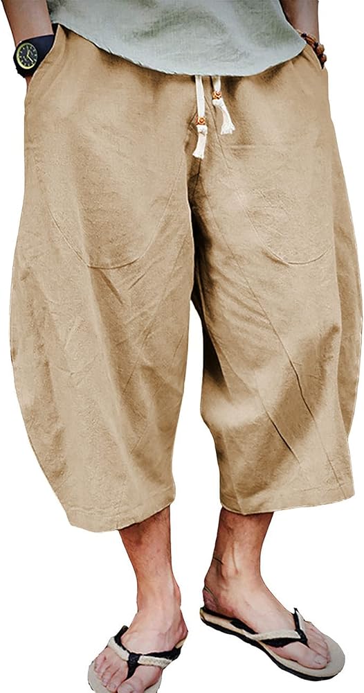 Mens Capri Long Shorts Below Knee Elastic Drawstring Tapered Casual Cotton Linen Baggy Harem Pants