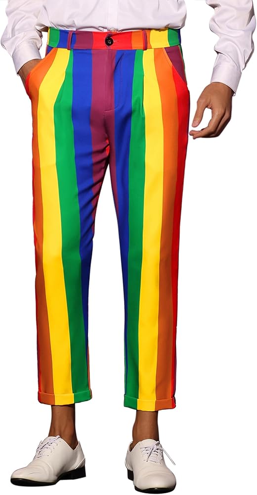 Lars Amadeus Rainbow Striped Dress Pants for Men's Regular Fit Flat Front Cropped Trousers