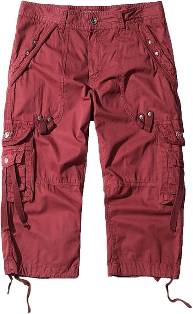 Men's 3/4 Cargo Shorts Multi Pockets Elastic Below Knee Long Shorts Summer Casual Cotton Hiking Short Pants