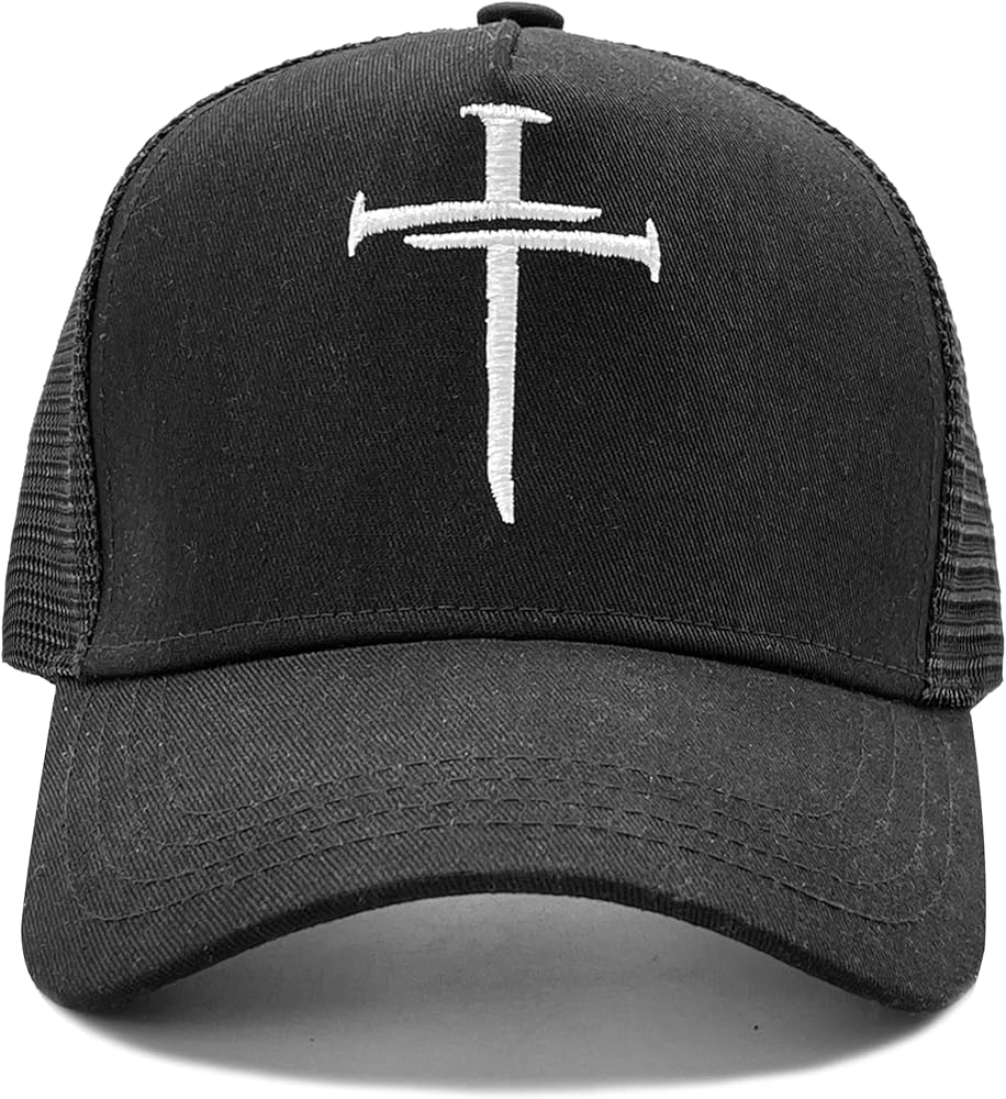 NVJUI JUFOPL Christian Cross Jesus Hats, Religious Gifts for Men Women, Embroidered Trucker Cap Black