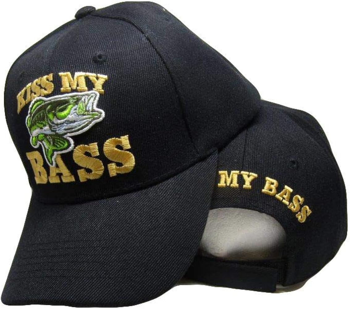 Trade Winds Kiss My Bass Fishing Fish Redneck Black Embroidered Baseball Ball Cap Hat