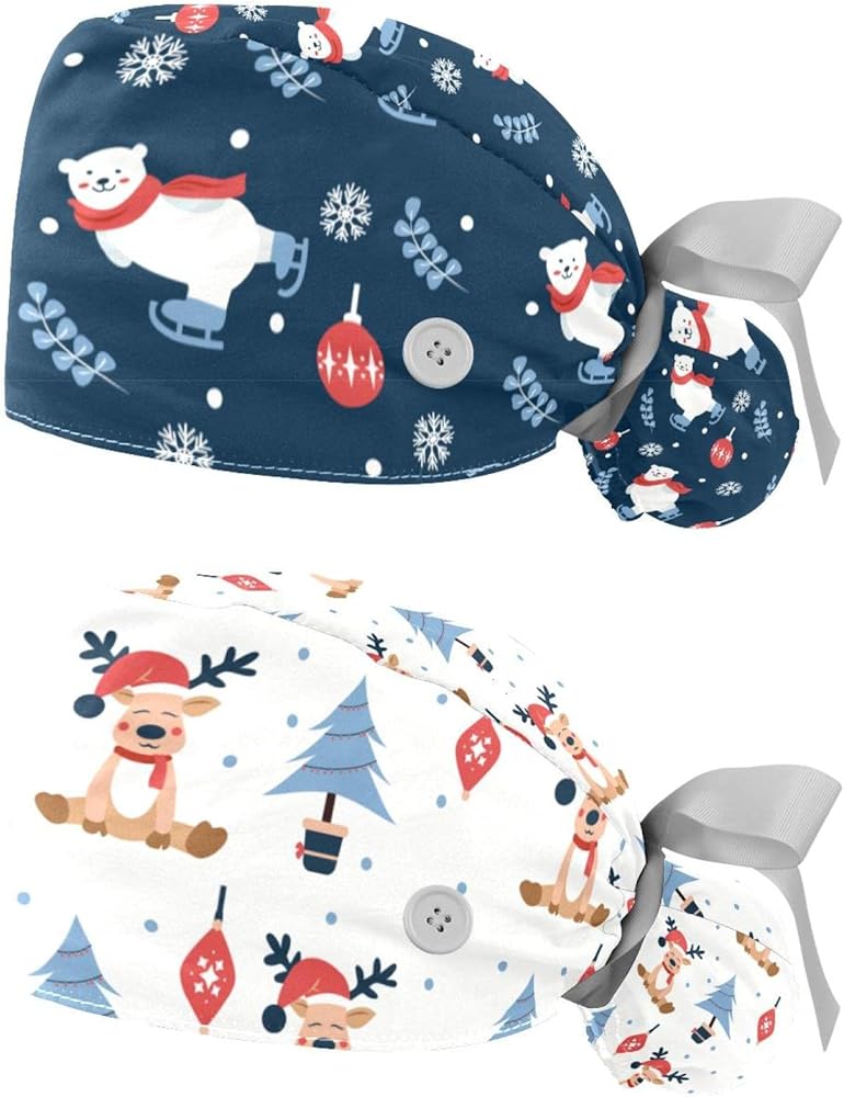 Christmas Snowflake Scrub Hats for Women Long Hair Working Cap with Button & Sweatband 2 Pcs Unisex Tie Back Hats