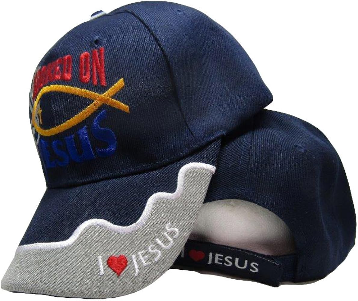 AES Hooked On Jesus Christ Christian Dark Navy Blue Shadow Embroidered Cap Hat