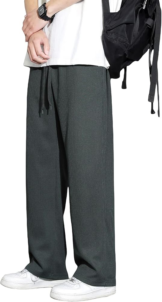 SHENHE Men's Drawstring Waist Sports Solid Loose Long Wide Leg Pants with Pocket